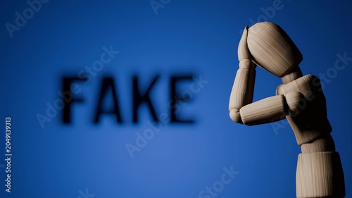 Fake identity concept animation, wooden mannequin touching mirror, illusion of self and artificial personality, psychological deception dark 3D render