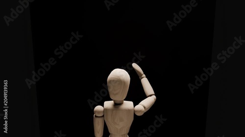 Empty concept animation, wooden mannequin touching mirror, feeling of inner emptiness and loneliness, dark minimal psychological 3D scene