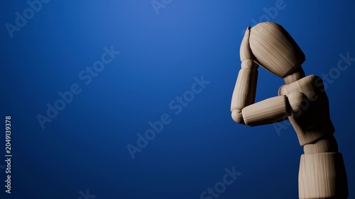 Lost concept animation, wooden mannequin touching mirror, feeling lost identity confusion and emotional isolation, dark minimal 3D scene