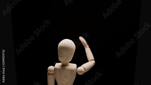 Nothing concept animation, wooden mannequin touching mirror, sense of total emptiness and absence of identity, dark minimal existential 3D scene
