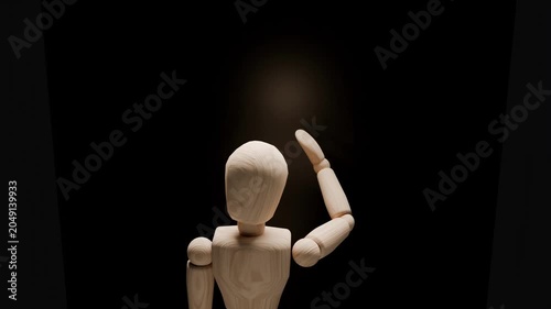 Unknown concept animation, mannequin touching dark mirror, fear of unknown future and uncertainty, abstract psychological 3D render