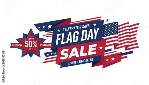 Quadro em tela Flag day sale banner with american flag and stars up to 50 off