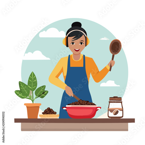Woman roasting coffee beans at home