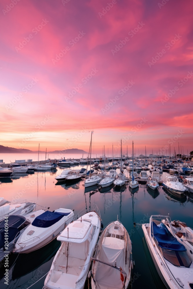 Obraz premium Numerous boats lined up moored at busy marina sunset