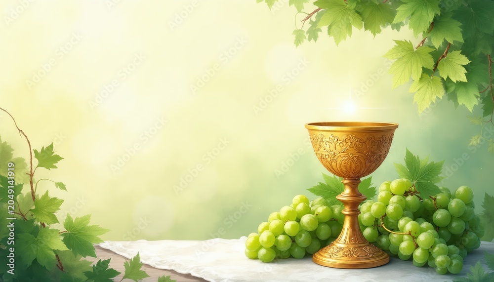Fototapeta premium Golden chalice rests beside green grapes on white cloth. Vine leaves frame scene with soft light background. Religious ceremony, communion, or winemaking theme.