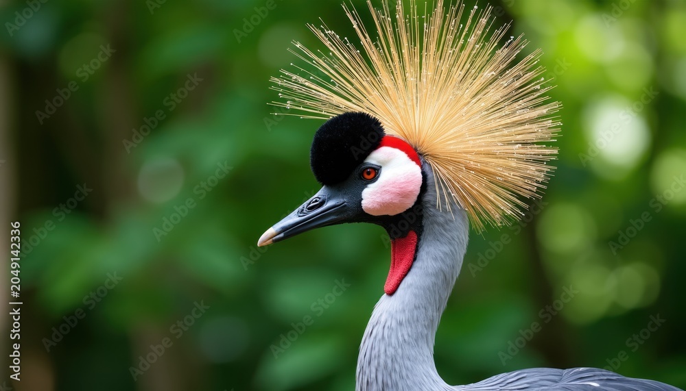 Naklejka premium Grey crowned crane bird displays golden head feathers and red neck wattle. Bird has striking eye and detailed plumage against green foliage background.