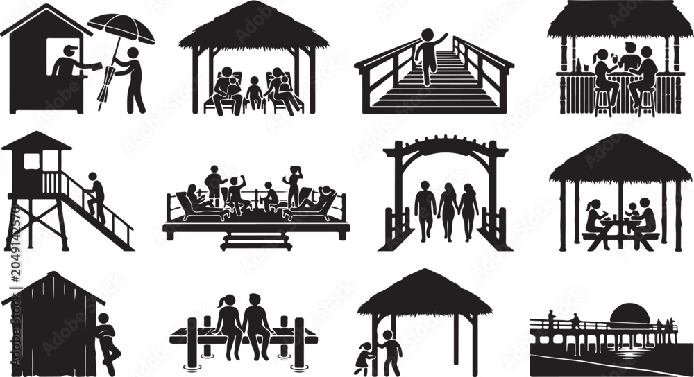 Obraz premium Set of beach resort icons featuring people relaxing in huts, on piers, at a bar, and walking on a wooden bridge