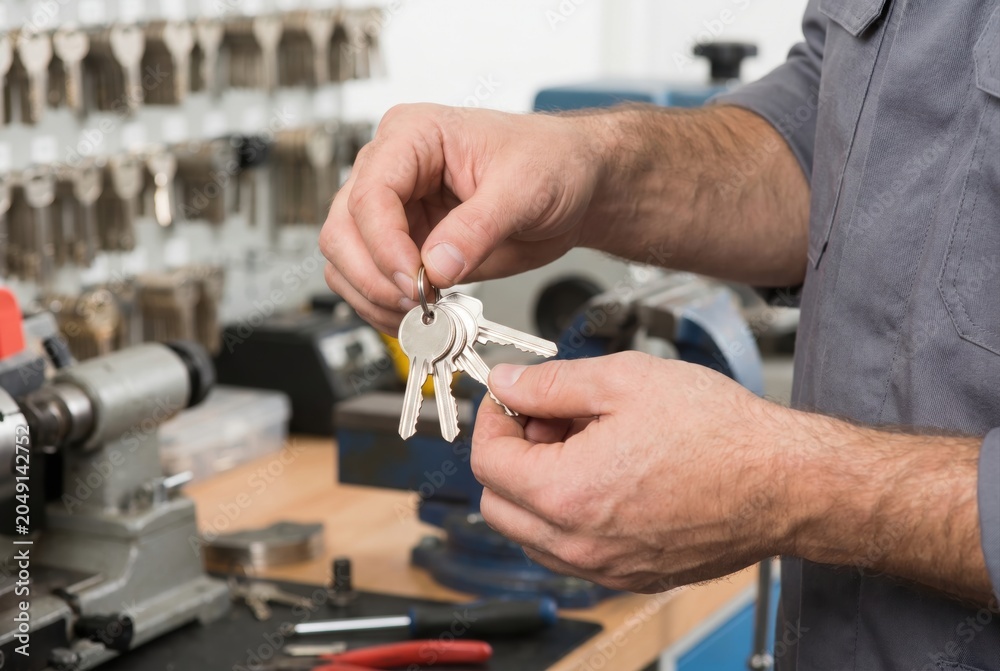 Fototapeta premium Locksmith hands holding a keyring of freshly cut metal keys inside a busy workshop
