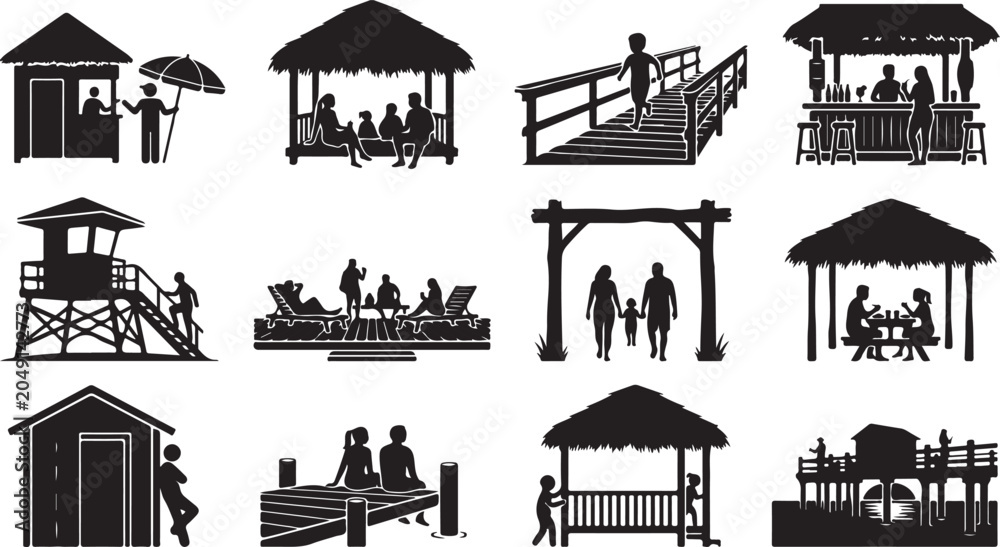 Obraz premium Set of silhouettes of people on vacation at a tropical resort, beach activities, and summer leisure icons