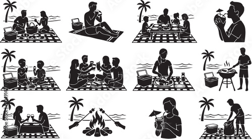 Photography Set of beach picnic icons, people eating, drinking, grilling, and relaxing on th
