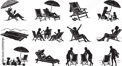 Quadro su tela Set of beach silhouettes, people relaxing on the beach, sunbathing, playing in t