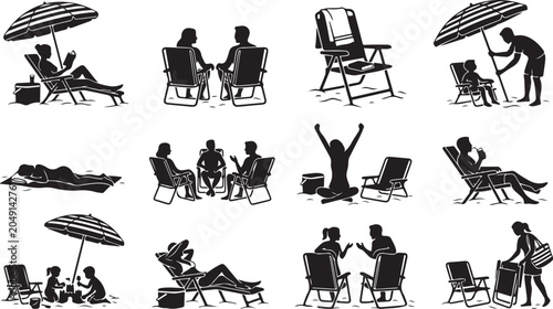Foto Set of beach vacation icons featuring people relaxing, sitting in chairs, and pl