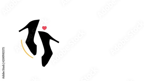 A charming animation features two black high-heeled shoes, a red heart, and a golden arc moving to form an elegant logo on a white background