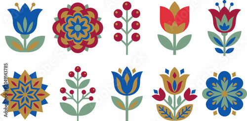Photography Traditional Scandinavian Folk Art Floral Vector Icon Set with Nordic Tulip Manda
