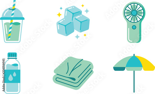 modern summer refreshment icon set featuring six clean hydration and cooling lifestyle elements on  isolated background