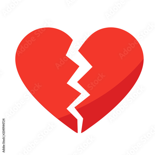 Red broken heart icon with white crack on transparent background