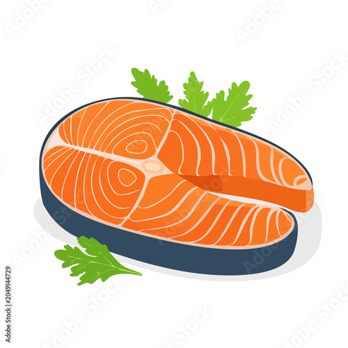 Salmon steak with parsley, flat design illustration