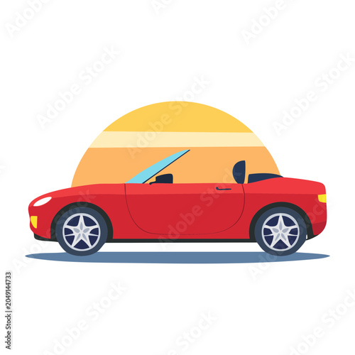 Red convertible car with sunset background