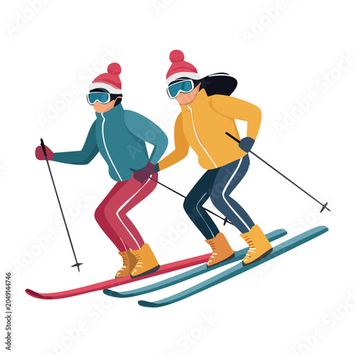 Two people skiing downhill in winter