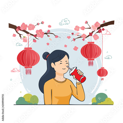 Woman drinking soda under cherry blossoms with lanterns
