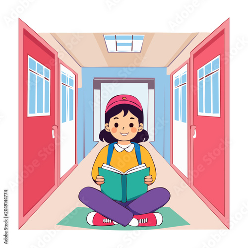 Young girl sitting in a school hallway reading a book