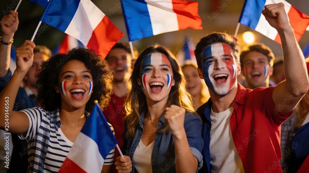 Fototapeta premium Group of happy french sports fans cheering with france flags at night