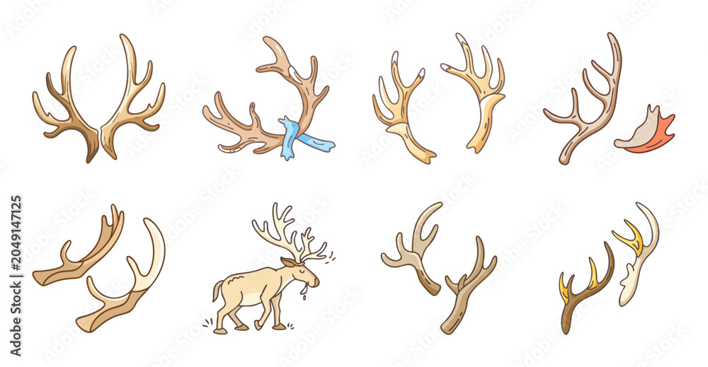 Obraz premium Cartoon antlers collection in brown color - Playful cartoon-style antlers in warm brown tones, ready for illustrations or seasonal designs.