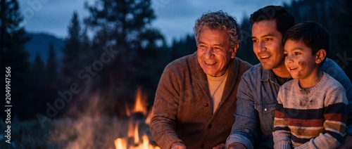Multigenerational Hispanic family campfire camping trip at night with grandfather, father, and son smiling together by warm glowing fire in the pine forest, happy outdoor recreation bonding concept.