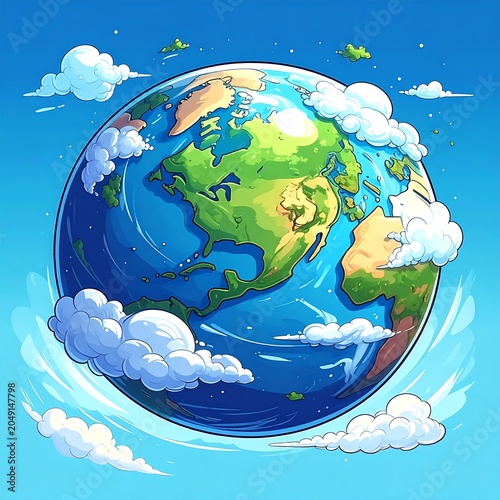 Earth globe floating in blue sky with clouds.