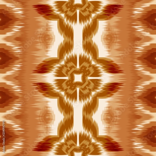 Seamless Oriental Ikat Design with Geometric Ethnic Motifs in Earth Tone Colors -Traditional Textile Pattern -abstract fractal background