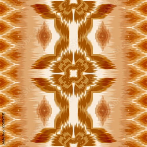 Seamless Oriental Ikat Design with Geometric Ethnic Motifs in Earth Tone Colors -Traditional Textile Pattern