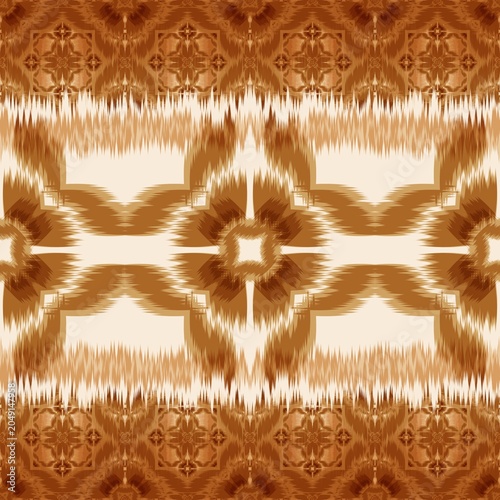 Seamless Oriental Ikat Design with Geometric Ethnic Motifs in Earth Tone Colors -Traditional Textile Pattern -gold floral background