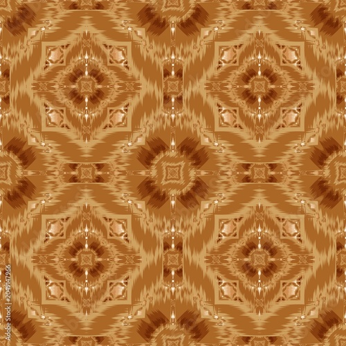 Seamless Oriental Ikat Design with Geometric Ethnic Motifs in Earth Tone Colors -Traditional Textile Pattern