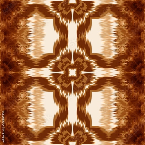 Bohemian Ikat Pattern in Brown , Cream and Beige, Seamless Textile Ornament -abstract fractal background