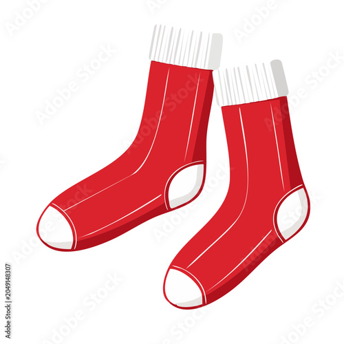 Pair of red socks with white cuffs and soles