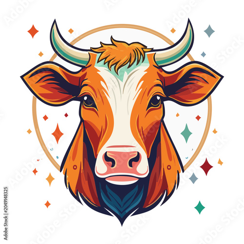 Stylized Cow Head Illustration with Colorful Stars