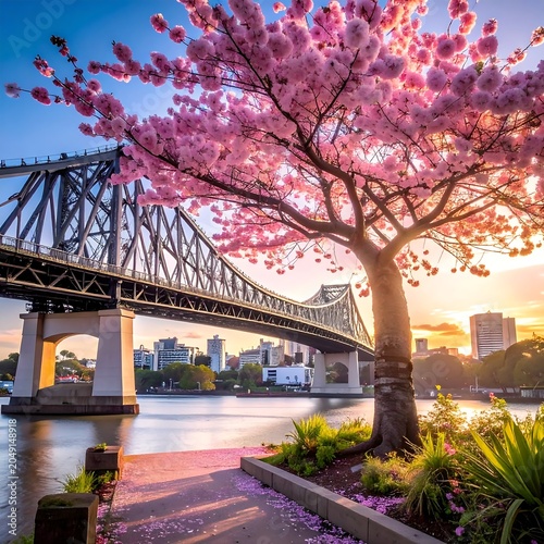 Cherry blossom tree at dusk over bridge.