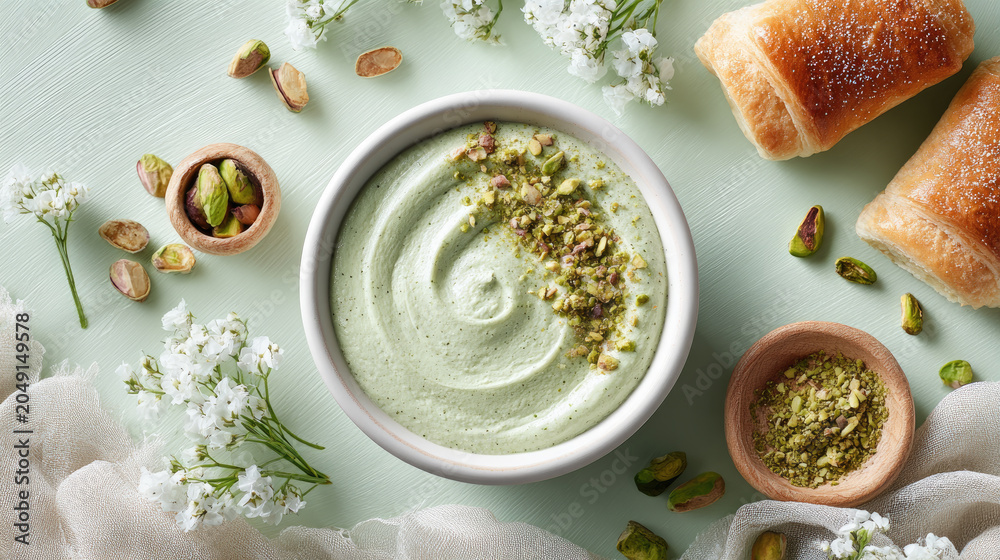 Fototapeta premium Pistachio latte with steamed milk foam and ground pistachio powder. Surrounded by fresh pistachios. Delicate macarons. And a golden croissant on a white surface