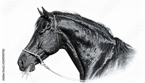 Detailed High-Contrast Black and White Portrait of a Black Horse Profile Isolated on White