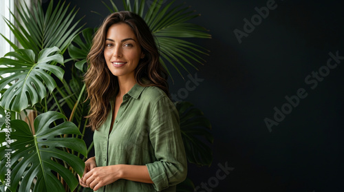 Portrait of beautiful young woman smiling with monstera palm leaves, attractive female model in green linen shirt posing on dark background, natural beauty and lifestyle photograph