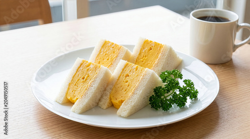 明るい窓辺で楽しむ厚焼き玉子サンドと湯気の立つコーヒー