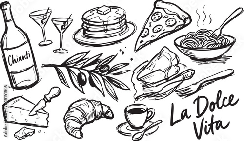 Cuadro en lienzo La Dolce Vita vector illustration with food and drink icons in black and white,