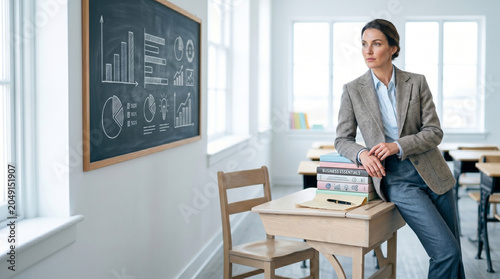 Confident female teacher or business mentor leaning on desk near blackboard with infographics charts and stack of books in bright modern classroom interior