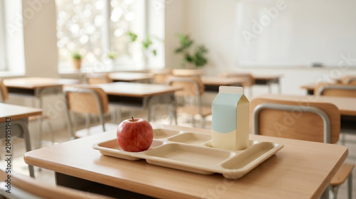 Red apple and blank milk carton juice box packaging on cafeteria lunch tray inside empty classroom, school food nutrition program concept with copy space