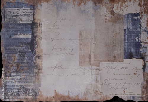 Distressed Vintage Paper Collage with Antique Script and Newspaper Texture