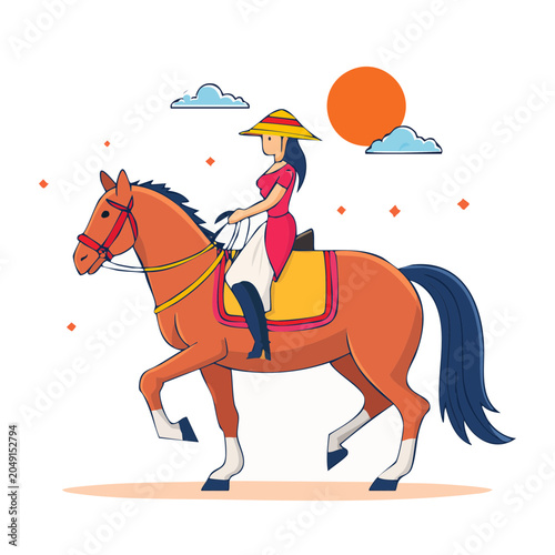 Woman in traditional hat riding a horse