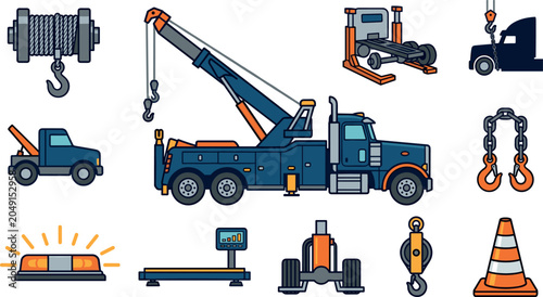 Tableau sur toile Heavy Duty Tow Truck and Roadside Recovery Equipment Icon Set with Winch, Chain,