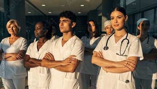Confident and diverse group of professional nurses standing together with crossed arms in a modern hospital lobby, celebrating International Nurses Day and healthcare teamwork excellence concept.