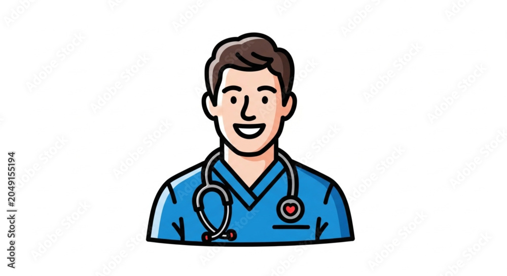 Fototapeta premium Smiling Male Doctor Wearing Blue Scrubs and Stethoscope.