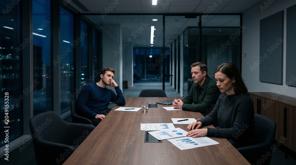 Fototapeta premium Coworker Fatigue in Quiet Office Meeting Under Economic Uncertainty